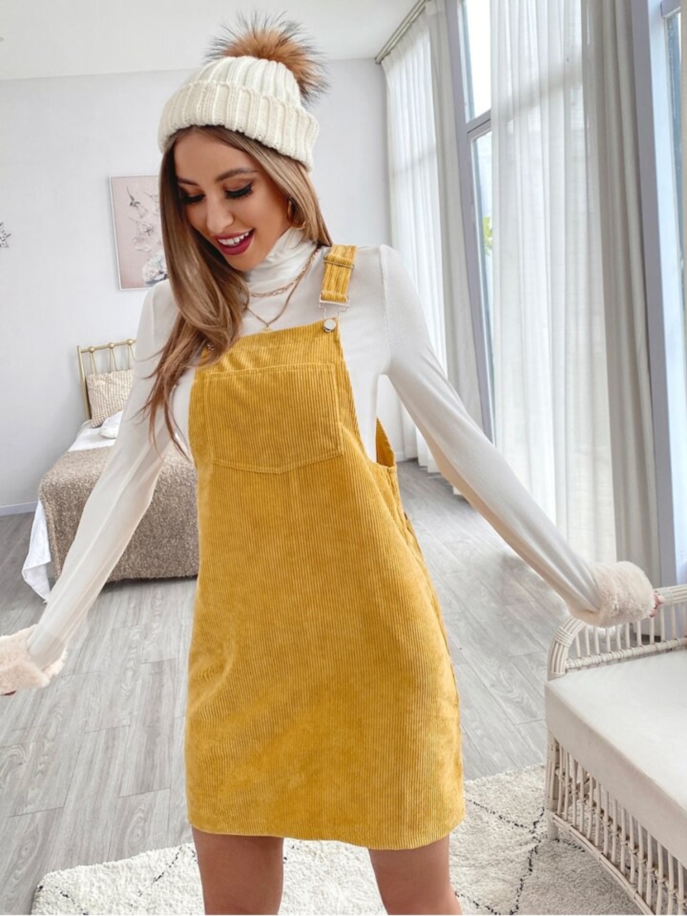 Love Tree Mustard Yellow Corduroy Mini Pinafore Dress